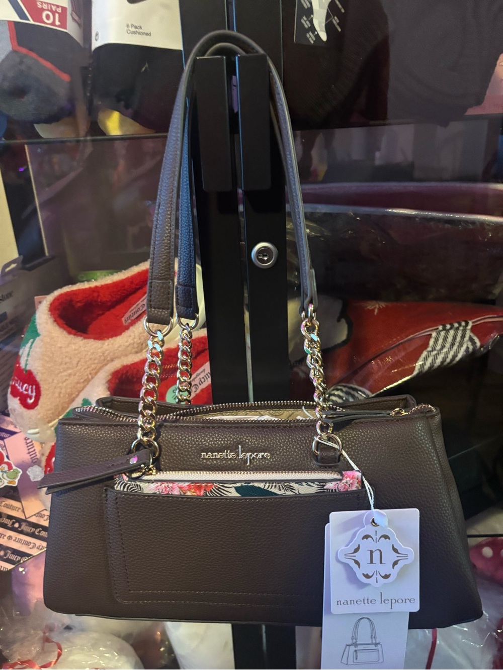 Nanette Lepore Dark Brown Pebbled Leather Chain-Handle Shoulder Bag